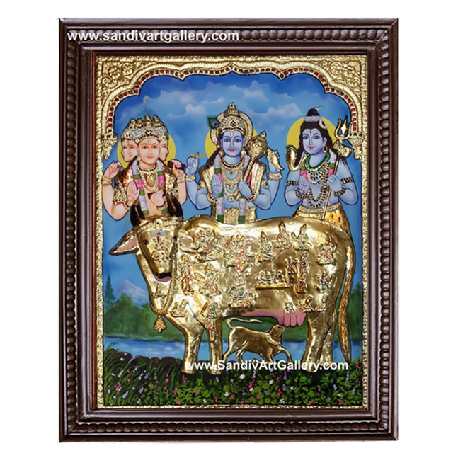 Komatha with Brahma Vishnu Shivan 2D Embossed Tanjore Painting
